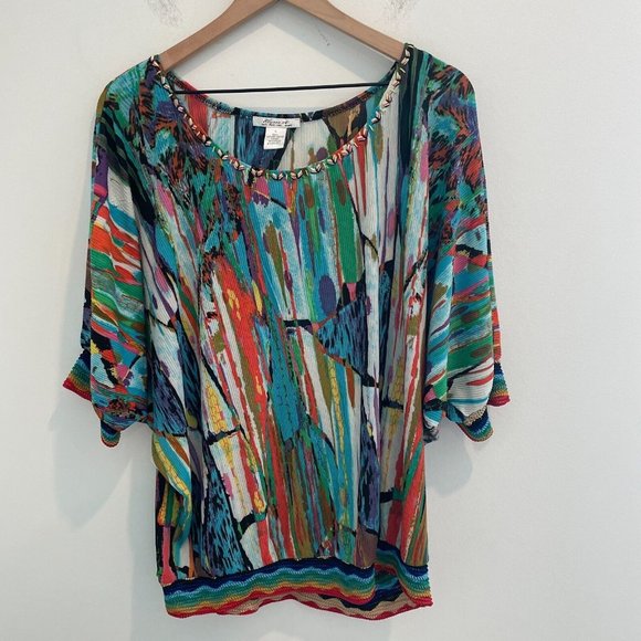 Y2K Elysse 26 Micro Pleat Abstract Blouse Shirt‎ Womens Large L Colorful Dolman - Picture 1 of 10